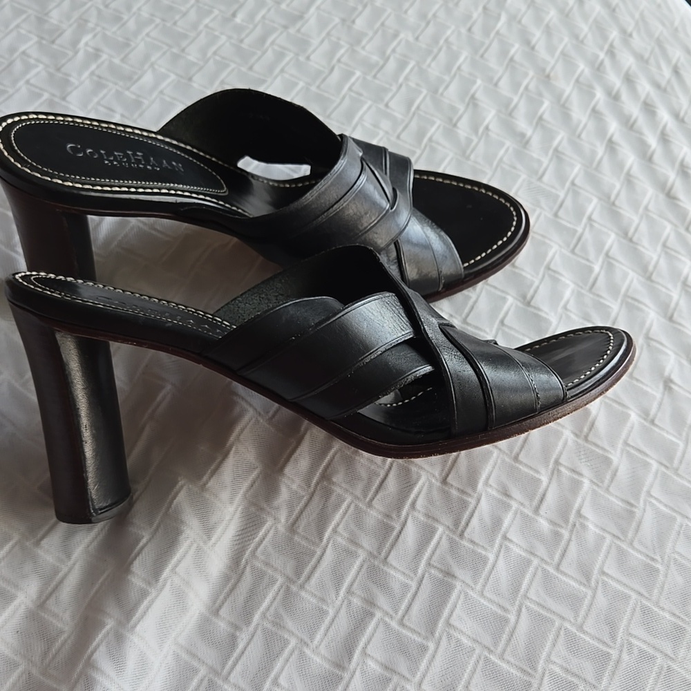 Cole Haan Women's Black Leather Heeled Sandals Y2K Summer Shoes
